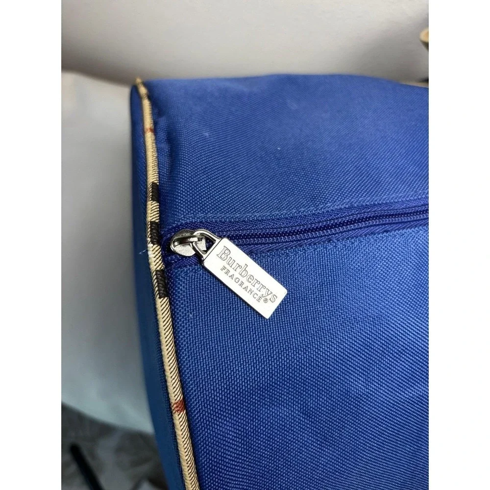 Burberrys Fragrance Vintage Blue Canvas Duffel Bag Nova Check Trim Travel Barrel